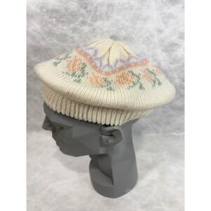 English Village Vintage Knit Beret Hat Cream Floral Pastel Fair Isle Acrylic
